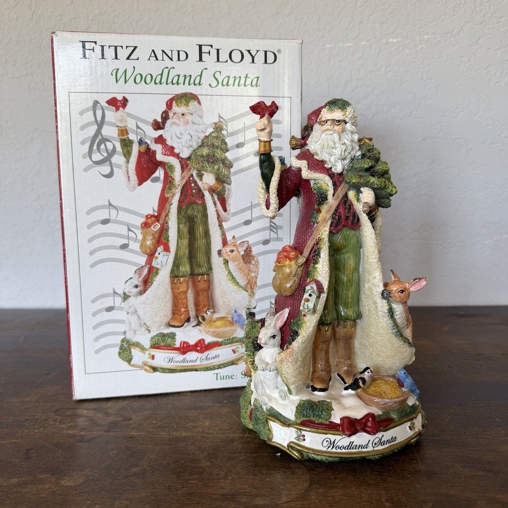 Fitz & Floyd Woodland Santa Christmas Musical Figurine Plays Silent Silent W/Box